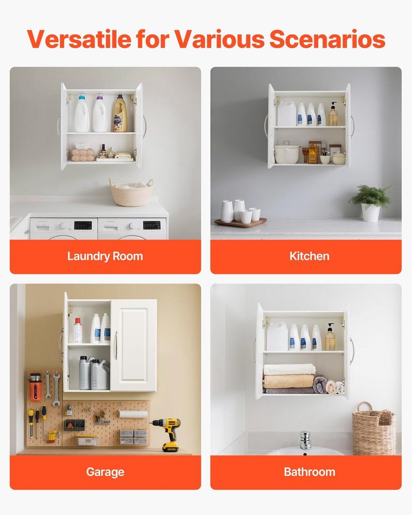 Laundry Room Wall Cabinet, 2-Tier Wall Mounted Hanging Cabinet with Adjustable Shelf, 60 Cm Cupboard Storage with 2 Doors, for Kitchen, Bathroom,