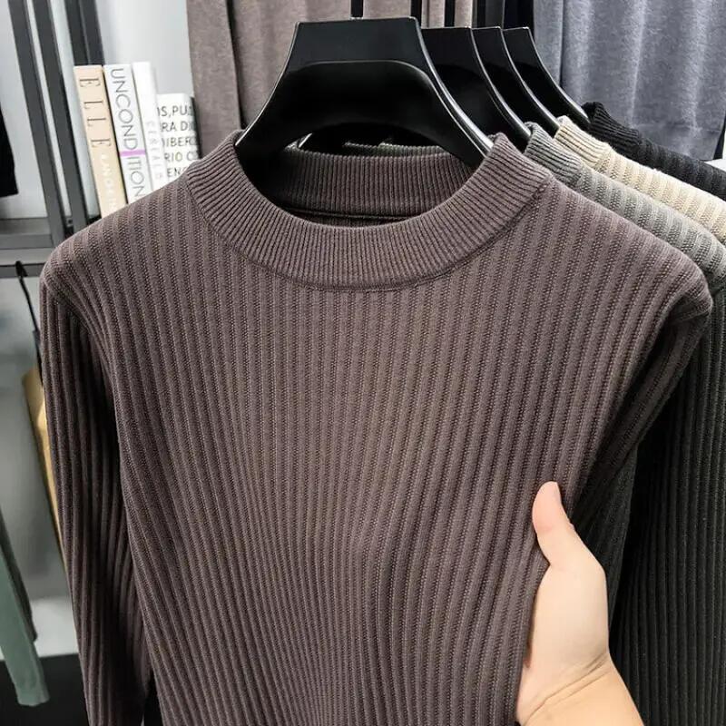 2025 Autumn Men Casual Bottoming Knit Tops Mens Solid Color Textured Long Sleeve Vintage Sweater Mens Fashion Pullover