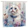 1Pc Shower Curtain - White Ragdoll Cat, Floral & Butterfly Design, 71X71 Inch, Polyester, 12 Hooks, Hand Wash, Summer Decor