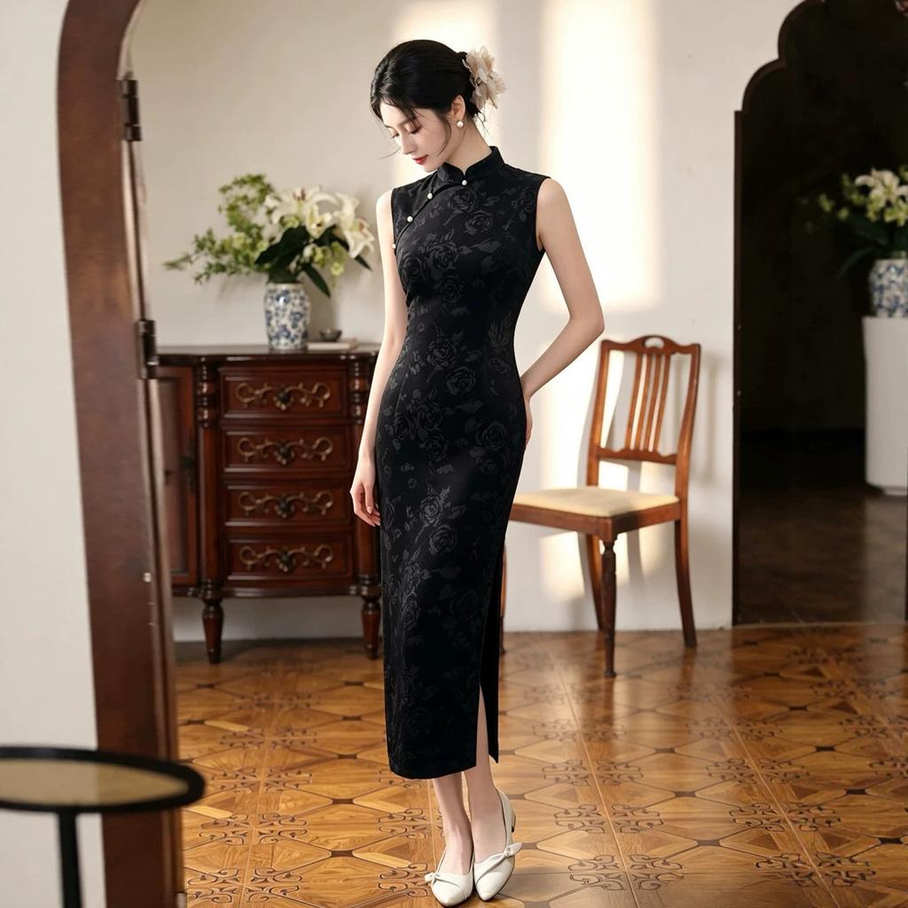 New Chinese Velvet Black Cheongsam 1011 New Improved Slim Retro Hong Kong Style Daily High-end Cheongsam Slim