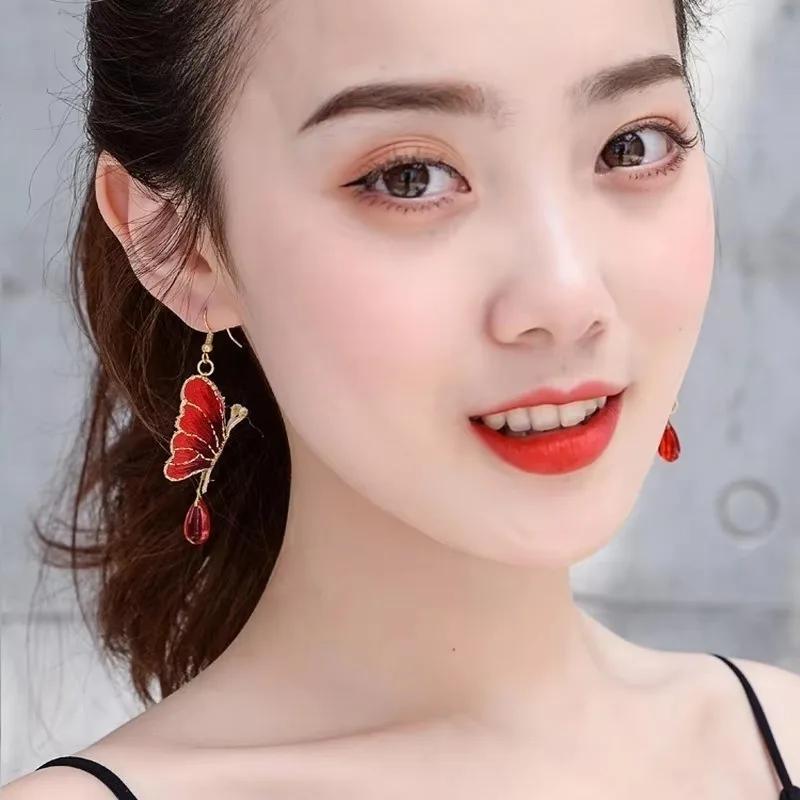 1 Pair Embroidered Butterfly Handmade Earrings Green Water Drops Colored Glazed Nature Stones Earring Green Cheongsam Jewelry