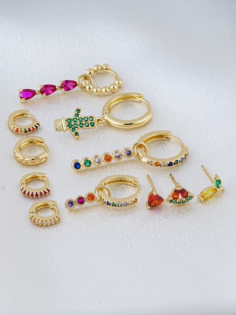 11pcs Charm Creative Color Synthetic Zircon Cactus Watermelon Decorative Earrings Suitable for Women's Date Ball Wearing Jewelry