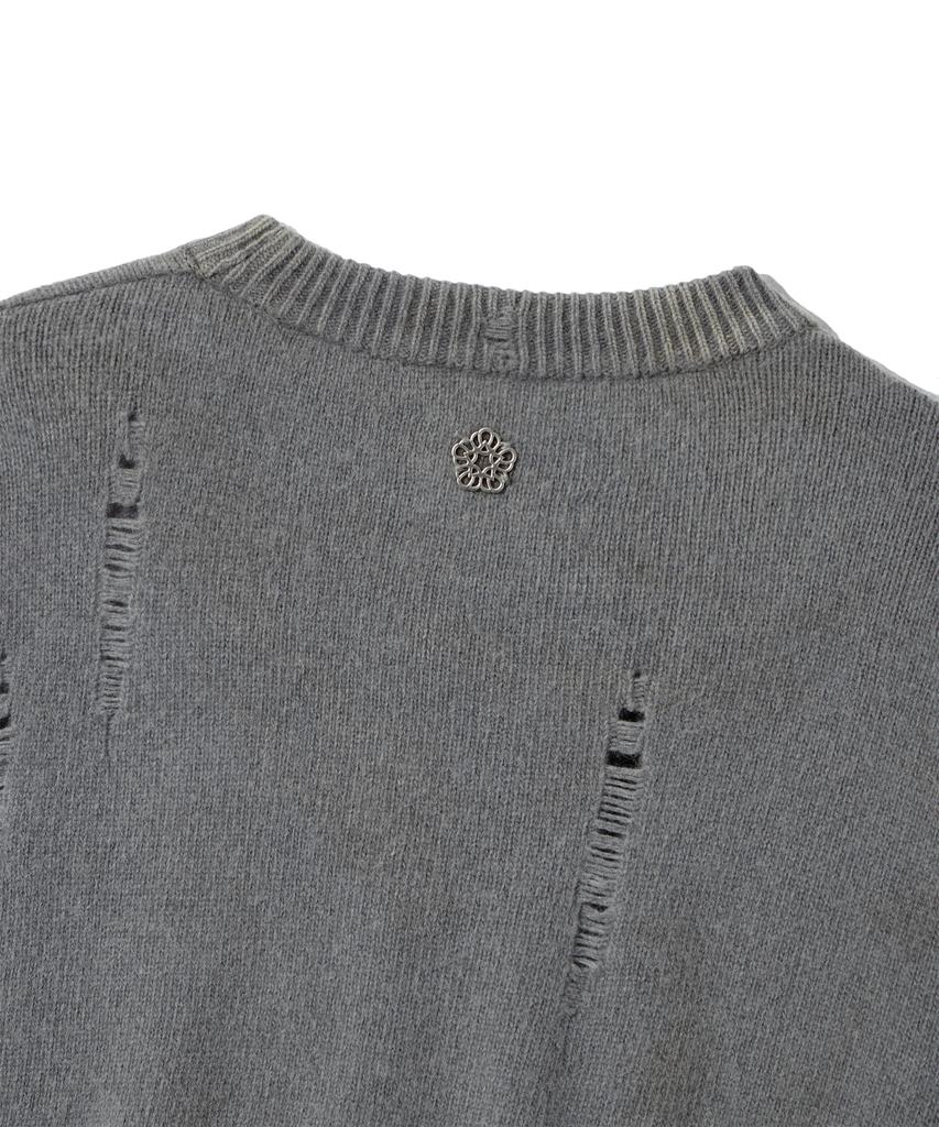 ULKIN Traditionally Dyeing Persimmon, Ink Damaged Round Neck Knit_Gray