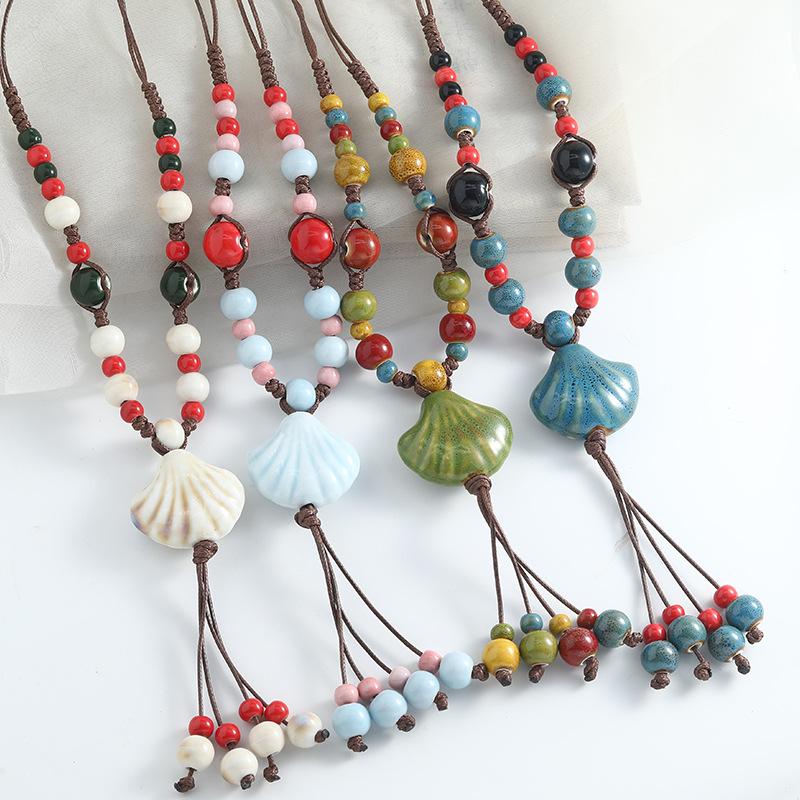 Skořepinový Keramický Přívěsek Náhrdelník Ručně vyráběné Boho Šperky Nastavitelný Řetízek pro Ženy Doplněk