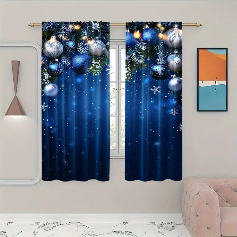2Pcs - Christmas Curtains, Blue Christmas Balls, Polyester Printed Curtains, Home Decoration, Room Decoration