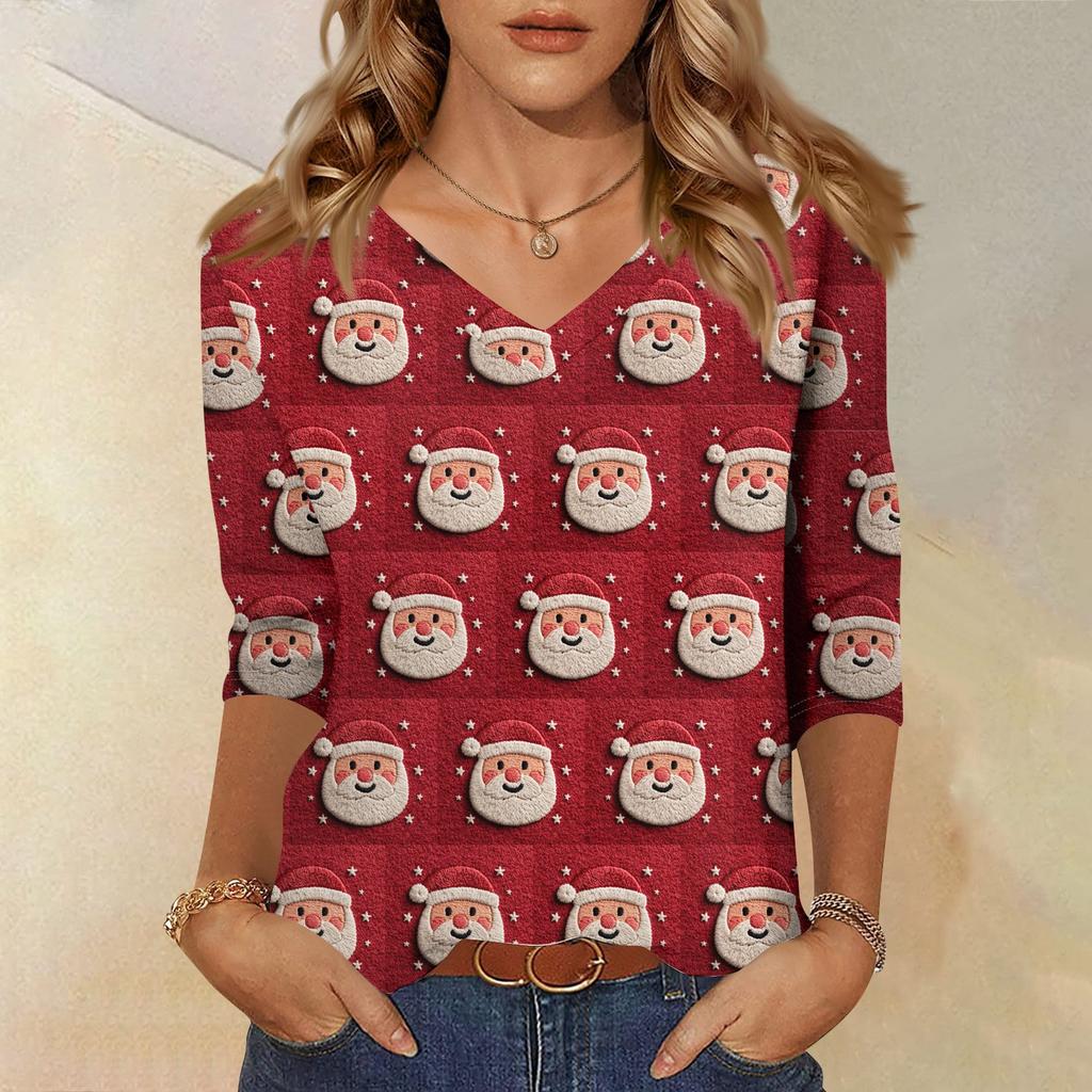 3/4 Sleeve Shirts For Women Print Christmas Tees Blouses Casual Plus Size Basic Tops Pullover