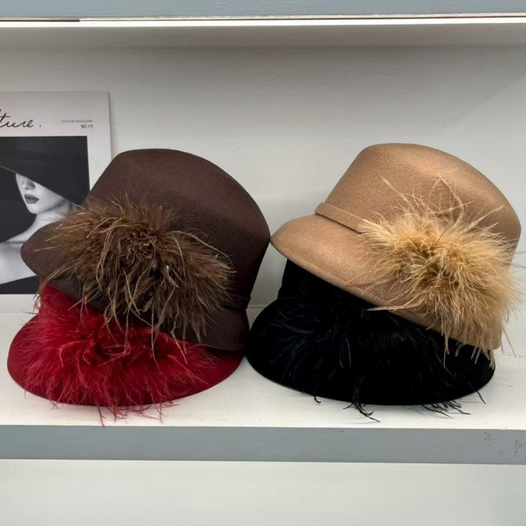 Sweet Celebrity Style Autumn and Winter Australian Wool Feather Decorative Basin Hat Elegant Top Hat Versatile Small Brim Bucket Hat