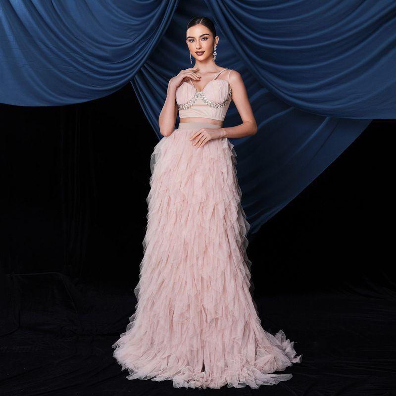 

Evening Party Dress Cross-Border European and American Style Sexy Long Mesh Gown with Large Hem Banquet Outfit Dress Apricot color S