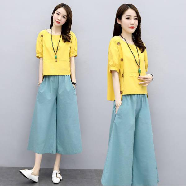 2022 Women's Fashionable Loose Two-Piece Summer Set: Short-Sleeved Dress & Wide-Leg Pants for a Slim, Stylish Look