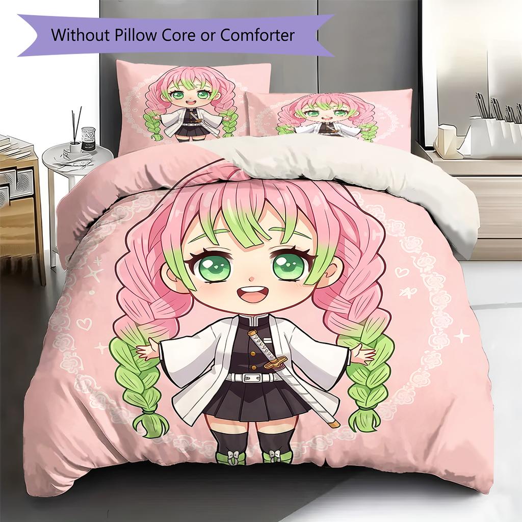 Demon Slayer Pattern Bedding,Quilt Set Quilt Cover Pillowcase Home Birthday Gift (1 * Duvet Cover + 2 * Pillowcase, Without Core)