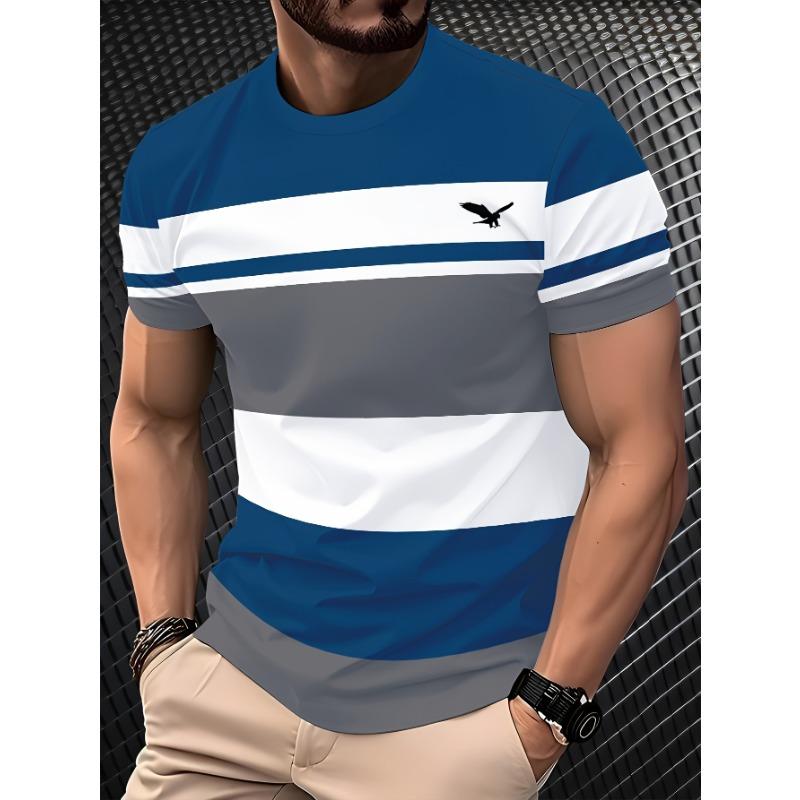 Summer Round Neck 3D Color Block Print Top Fashionable Casual Short Sleeved Men's T-shirts