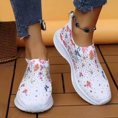 Tênis Meia de Malha Estampada com Strass Feminino Tricotado Respirável Flats Sapatos Esportivos Mulher Conforto Antiderrapante Sapatos de Corrida Caminhada