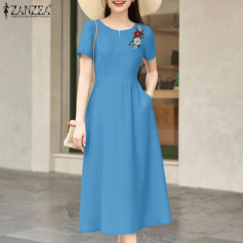 ZANZEA Women Summer Round Neck Short Sleeve Casual Floral Embroidery Dress