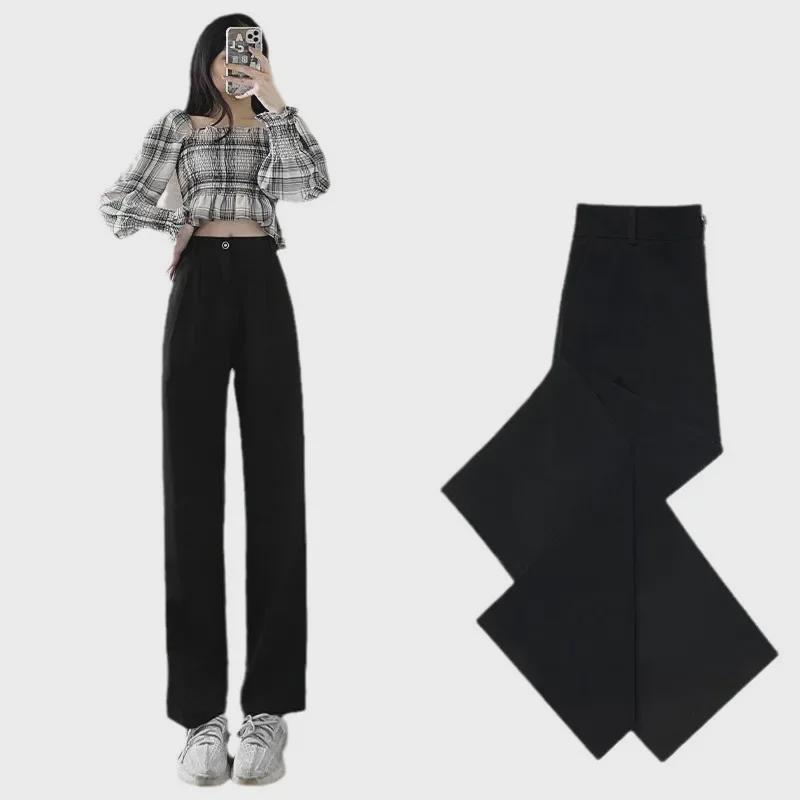 Women's Black Wide-Leg Drape Trousers - Summer Straight Pants