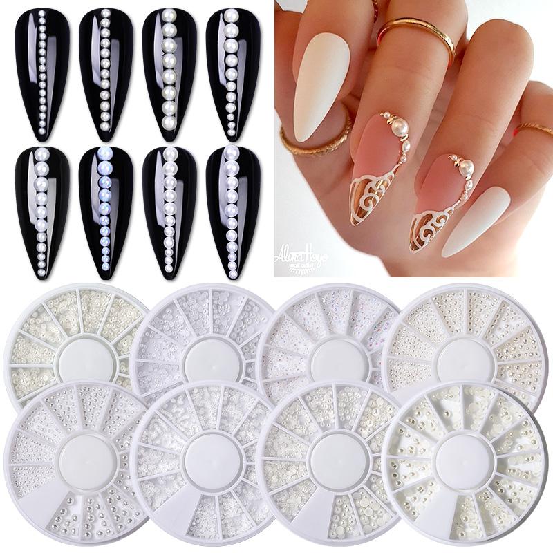 Mix Sizes White Nail Art Tip Half Pearls 3D Nail Beads Stone Rhinestone Decoration In Wheel DIY Beauty Decor Manicure Supply