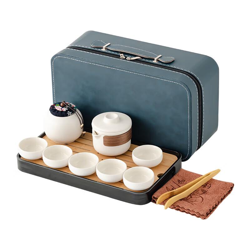 Portable Rough Pottery Travel Tea Set with Blue Leather Carry Bag