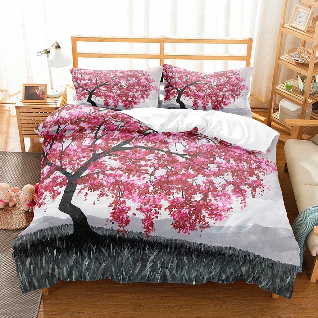 Plum Flower Duvet Cover Collection Red Flower Pattern Bedding Collection For Girls Women Polyester Comforter Cover Quilt Cover King Full Size