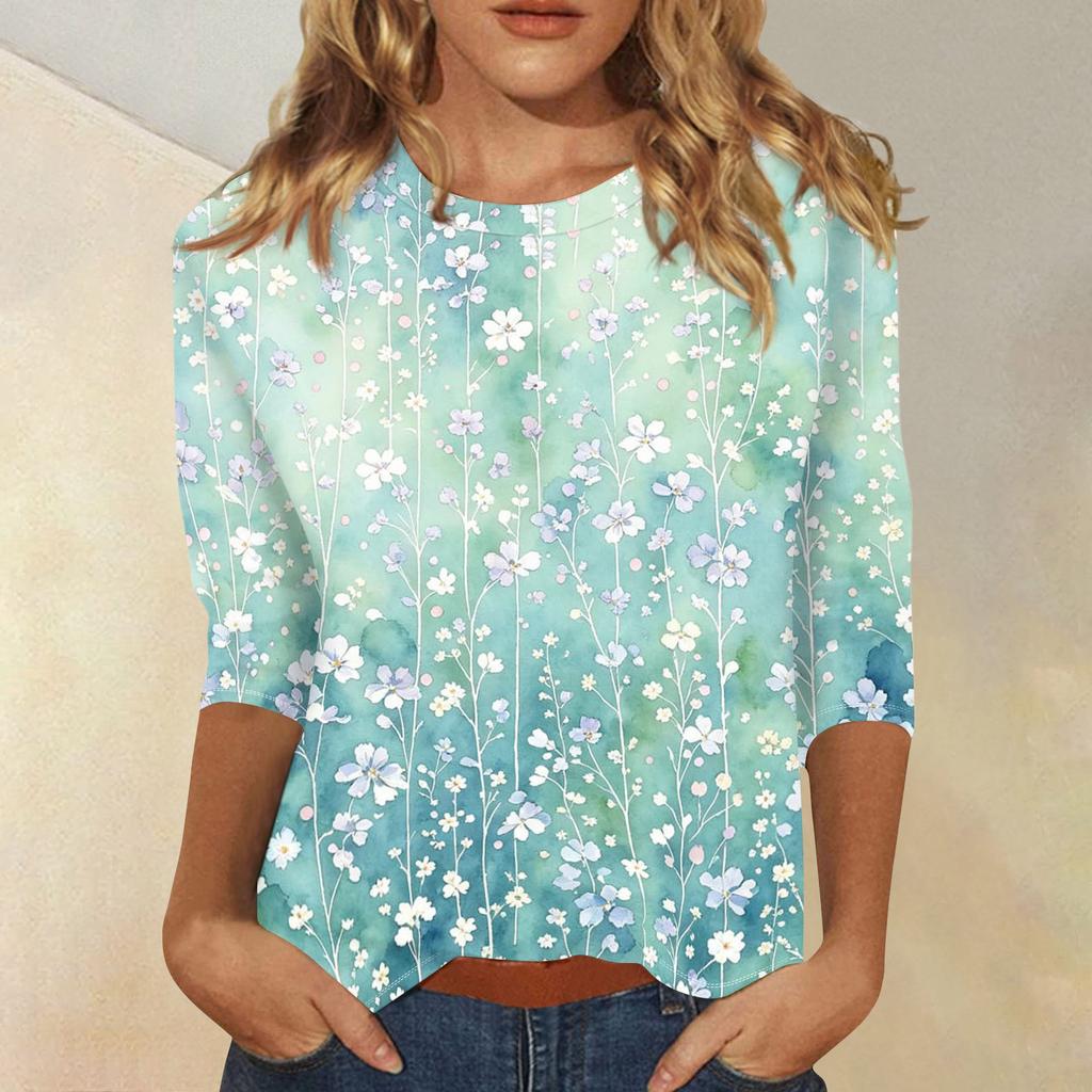 Women's Casual Three Quarter Sleeve Floral Print Crew Neck Top Loose Fit Lightweight Pullover Blouse for Daily Wear