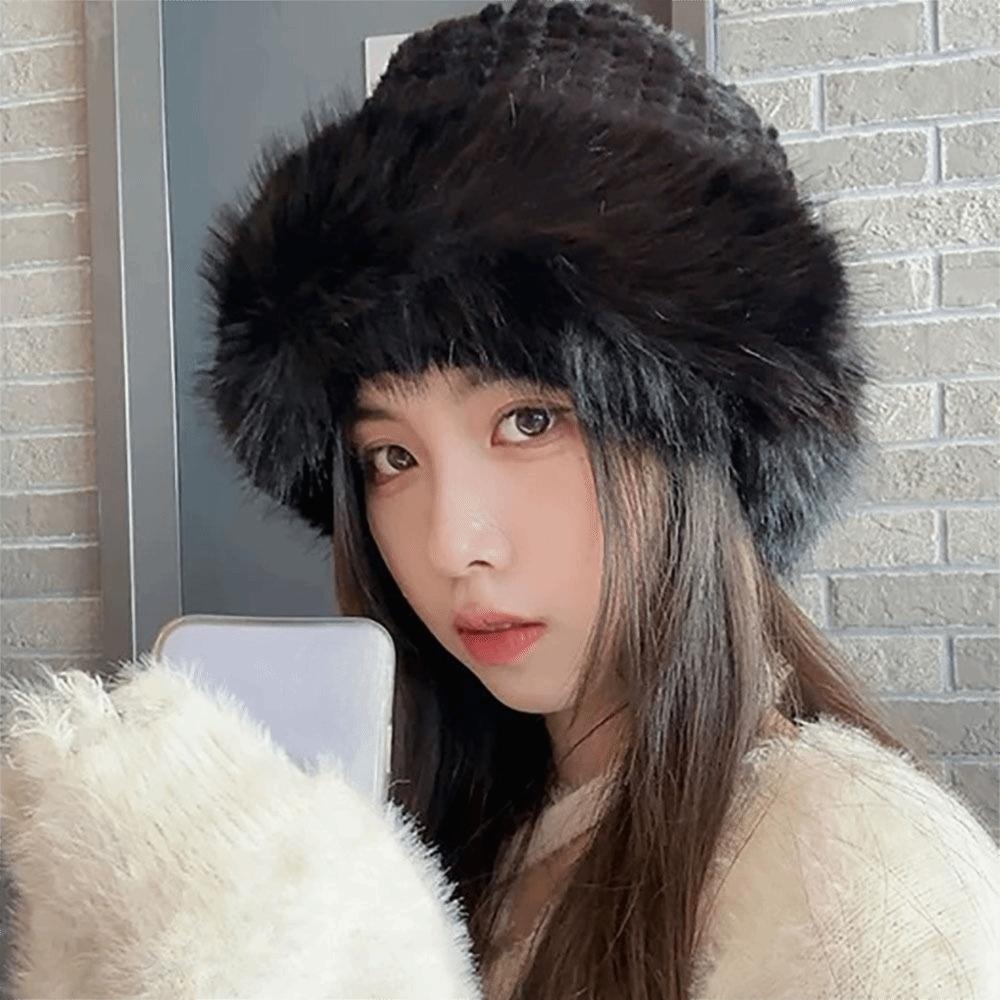 Faux Fur Faux Fur Bucket Hat Thick Fleece Inner Face Slimming Basin Hat  Outdoor Cold Proof
