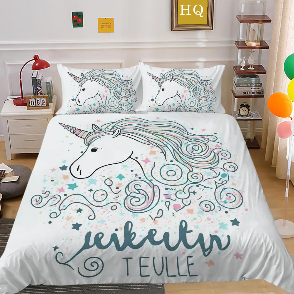 Home Bedding Set Woman 3D Unicorn Cartoon Lovely Home Bedclothes Twin Full Size Polyester Bed Set Cover