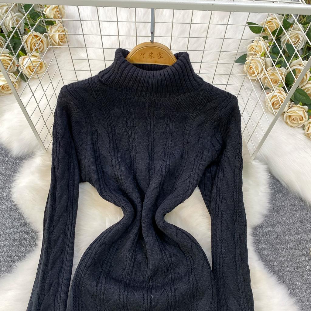 Autumn Winter Women Casual Turtleneck Twist Knitted Sweater Long Midi Slim Bodycon Pullover Dresses