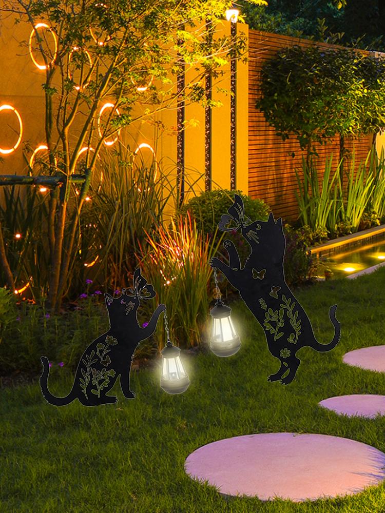 2pcs Solar Cat Silhouette Garden Stakes Black Metal Hollow Kitty Yard Decor Lights