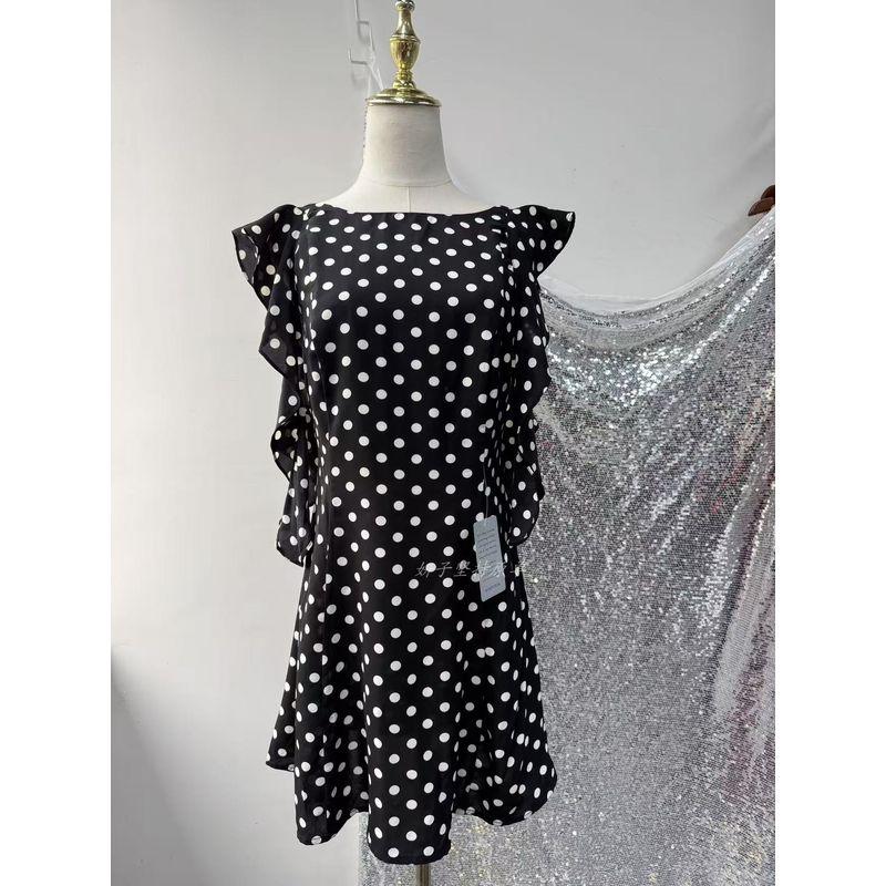 

Export Single Lush s Black and White Polka Dot French Style Vintage Ruffled A- line Open Back Sling Dress Women Black and white wave dot single layer/no lining L
