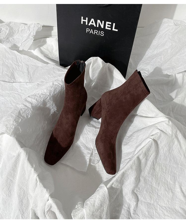 Hnědé krátké boty dámské vysoké podpatky podzim a zima nové semišové zadní zip francouzské malé kotníkové boty silný podpatek elastické čtvercová špička tenké boty