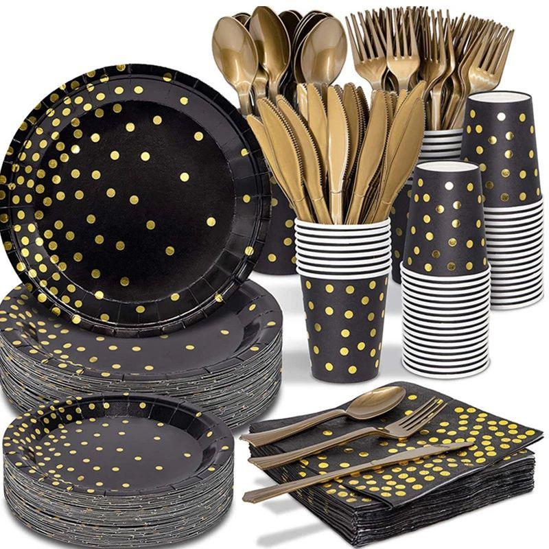 Stylish Black Gold Stamping Disposable Tableware Supply Enhancing Celebratory Atmosphere For Parties