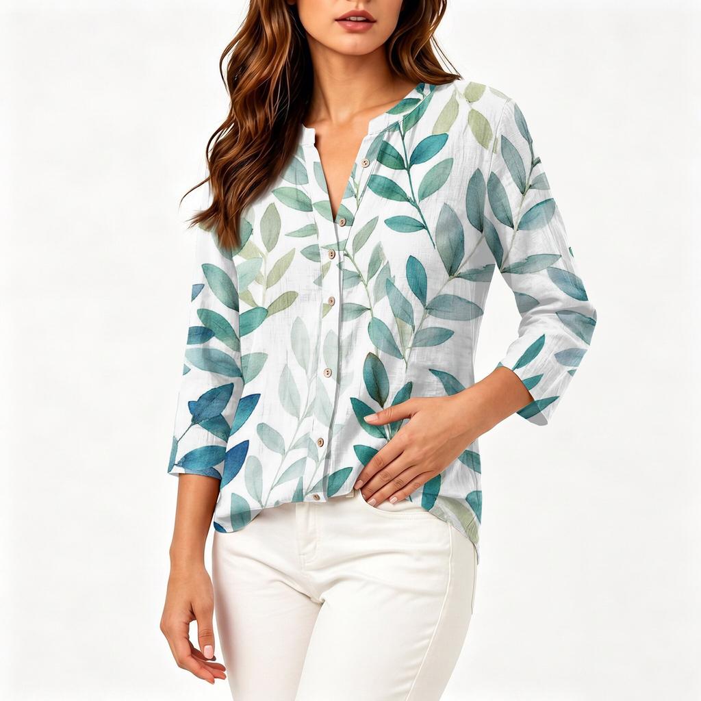 Blouse Vintage pour Femme à Imprimé Floral, Col Rond, Manches Trois-Quarts, Haut Décontracté en Coton et Lin
