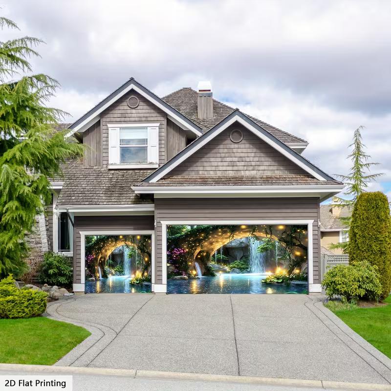 2D Fantasy Cave Waterfall Garage Door Tapestry Enchanted Forest Background Cloth
