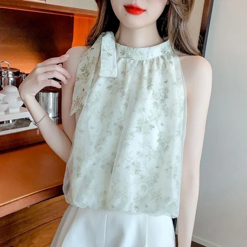 Ladies Summer French Floral Sleeveless Chiffon Top Temperament Elegant Strapless Top