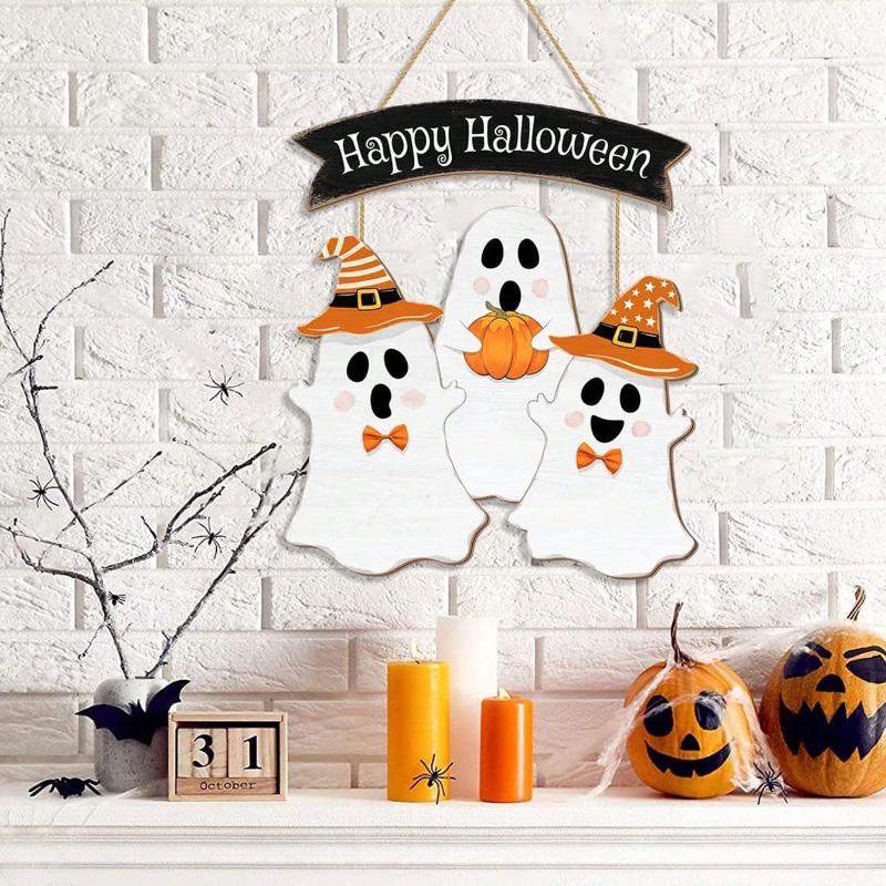 1set New Halloween Decorative 2D Wooden Sign with Pumpkin and Ghost Creative Design for Door Hanging Ghost Festival Decoration