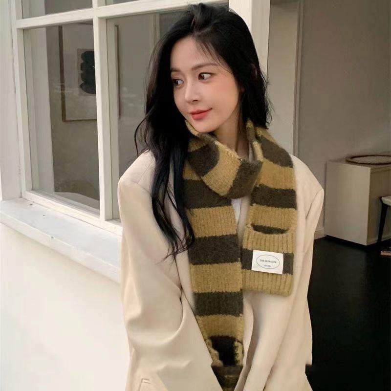 Winter Women Knitted Scarf Harajuku Scarf Thickened Black White Shawl Wrap Imitation Cashmere Neckerchief with Hand Pocket
