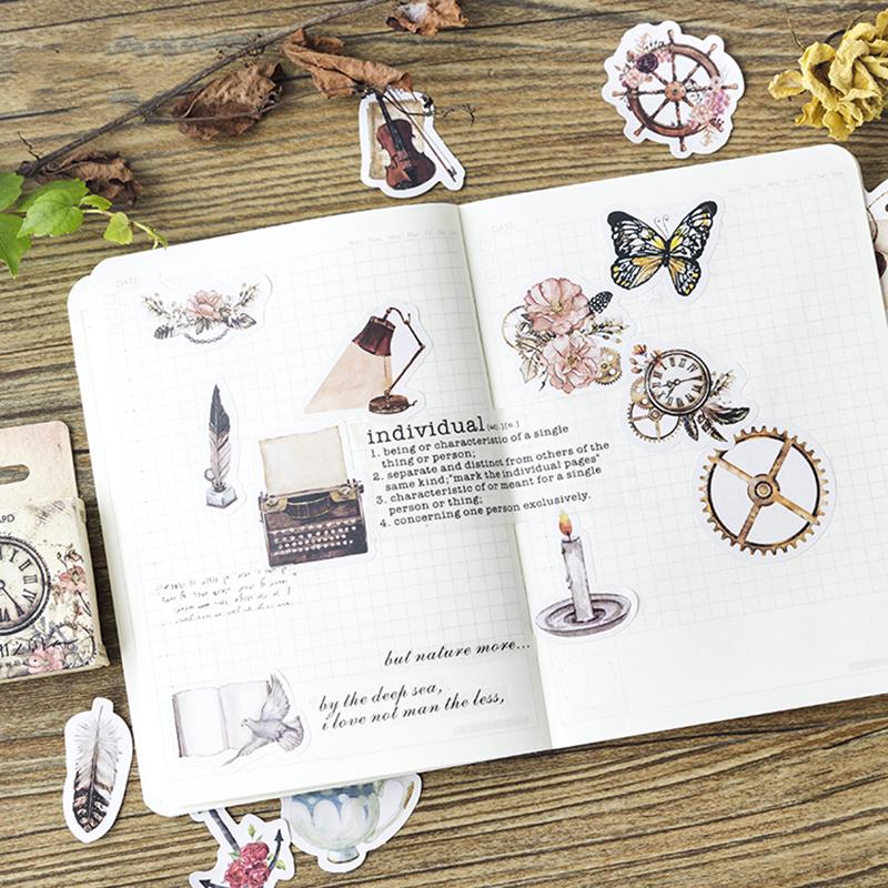 46pcs Retro Things Stickers Set Mini Vintage Clock Book Note Sticker Home DIY Adhesive Diary Decoration Gift Seal
