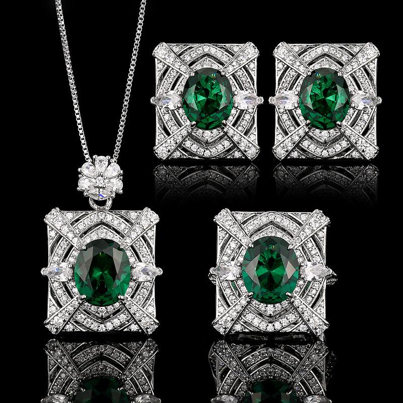 Necklace Earring Ring Set Jewelry Live Broadcast Emerald Color Treasure High-end Fashion Women's