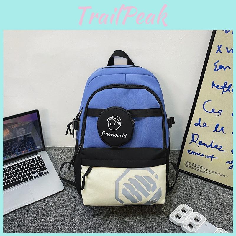 Color Blocked Fashion Letter Print Student Leisure Backpack With Purse Coin