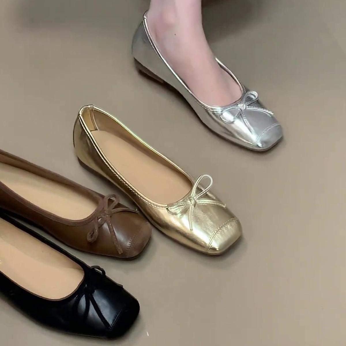 

Sheepskin version~ French flat shoes women s one-pedal square head low-heeled bow design soft-soled summer shallow-mouth single shoes 40