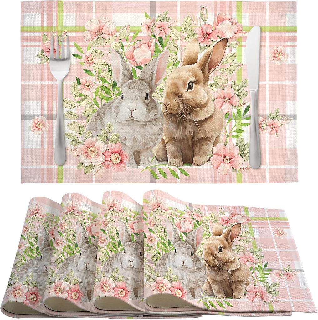4/6pcs Bunny Floral Plaid Print Single-Sided Easter Placemat Set for Spring Table Decor