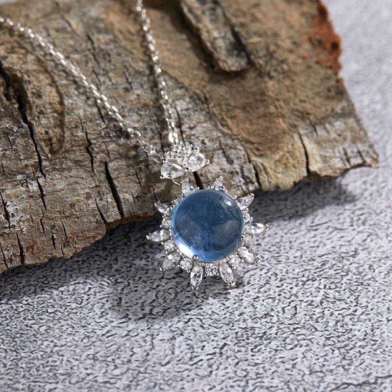 French Design S925 Sterling Silver Natural Aquamarine Color Treasure Necklace Women'S Personality Pendant Fashion Clavicle Chain