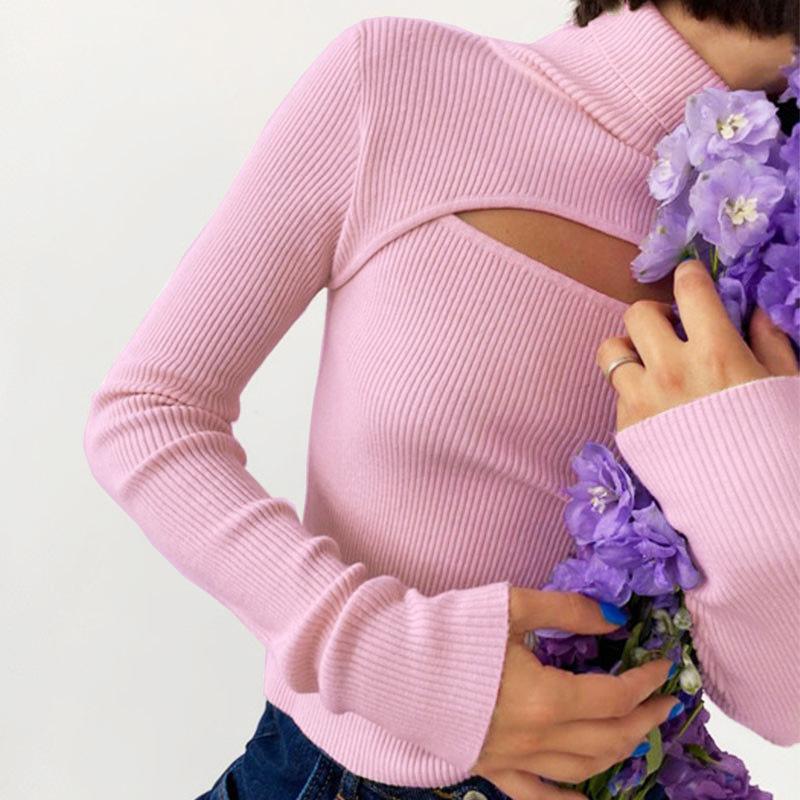 

2026 New Knit Top with Cut-Out Design, High Neck Ribbed Sweater for Autumn Winter, Sexy Office Wear Pullover with Spliced Chest Detail L рожевий