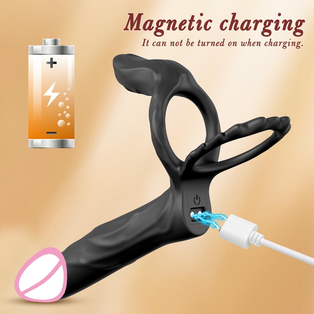 Double Penetration Vibrator for Men with Vibrating Cock Ring Strap on Penis Vagina Massage G Spot Dildo Sex Toys for Couples 18+