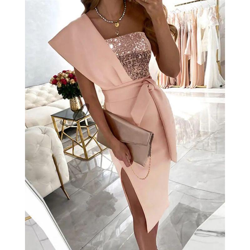 

Sexy Party One Shoulder Dress One Shoulder Slit Ruffle Sleeve Sequin Party Dress Pink S