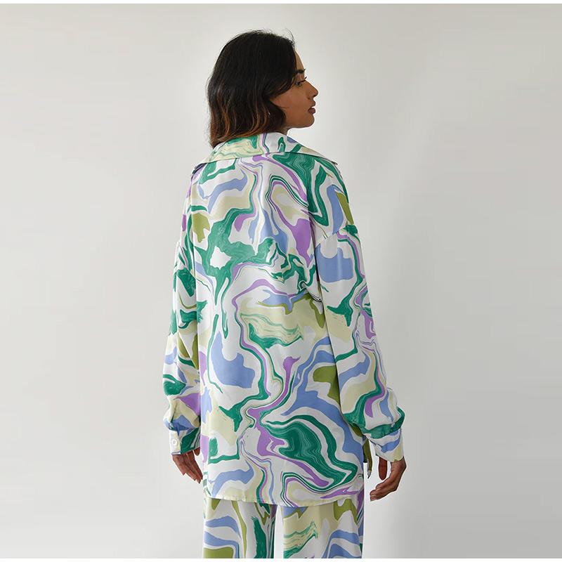 Women's Street Loose Printed Shirt Long-sleeved Fashion Casual Suit Women's Two-piece Summer Commuter Vacation Beach Suit