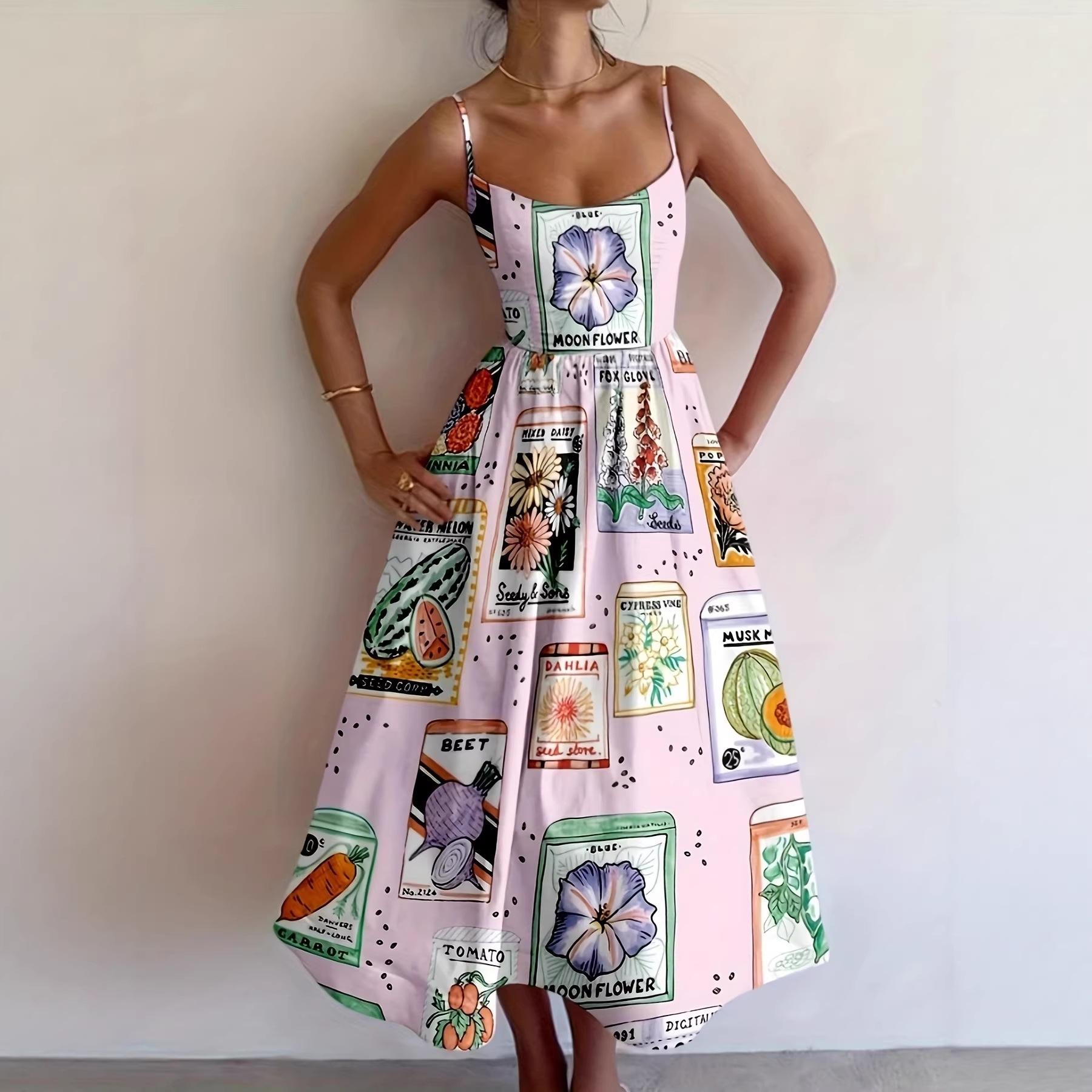 Retro seed print vacation suspender skirt, light pink background color with colorful plant pattern vacation suspender skirt S