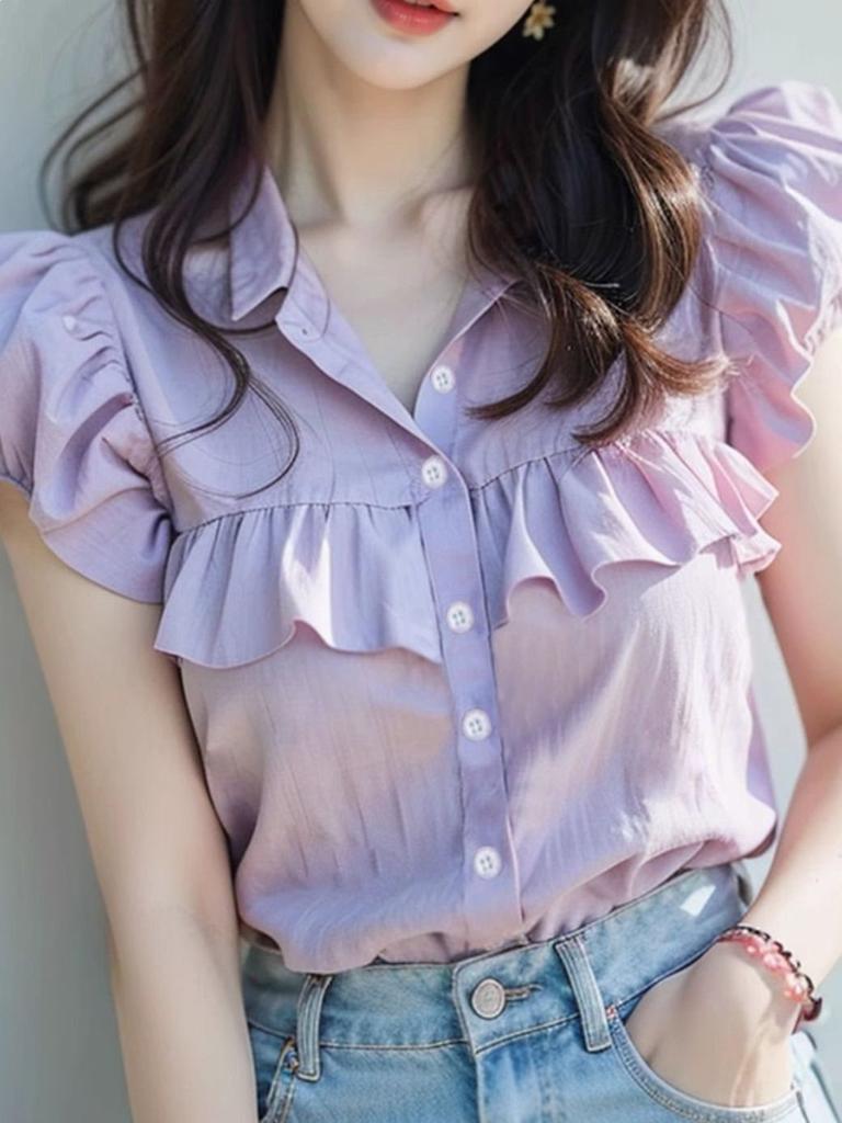 French Fashion Blouse Short Sleeve Puff Sleeve Ruffled Design For Summer 2025