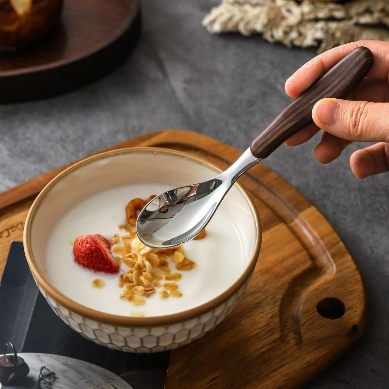 Edelstahl-Löffel für Heimküche Geschirr Essgeschirr Werkzeug Abendessen Dessert Reis Suppenlöffel mit Holzmaserung Griff