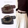 Women's Retro Black Leather Belt with Carved Metal Buckle, Coffee Color, for Jeans or Dresses