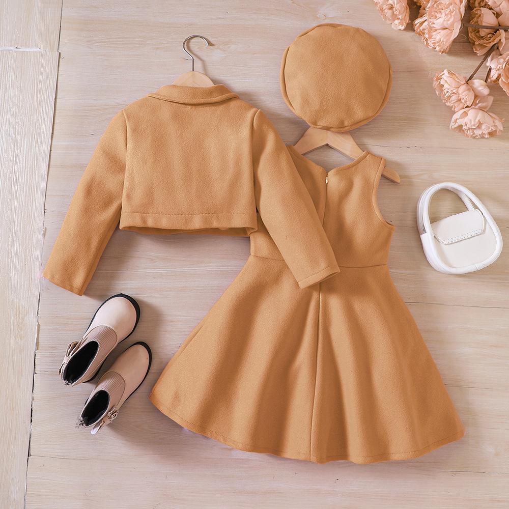 3 szt. Zestawy ubrań casualowych dla dzieci Stroje dla dziewczynek 2024 Jesień Zima Nowy Maluch Płaszcz Tweedowy Sukienka Tank Top Czapka Moda Dzieci