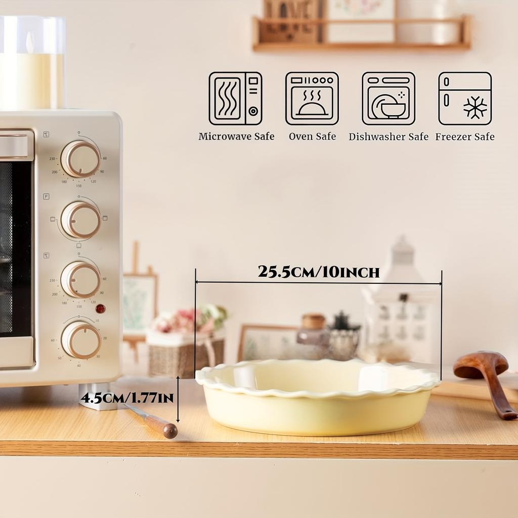 10 Inch Creamy Yellow Ceramic Pie Dish with Ruffled Edges,Non Stick, Microwave, Oven, Dishwasher Safe, Perfect for Quiches, Apple Pies, and More